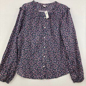 New GAP XL Pink Blue Ditsy Floral Ruffle Feminine Button Down Preppy